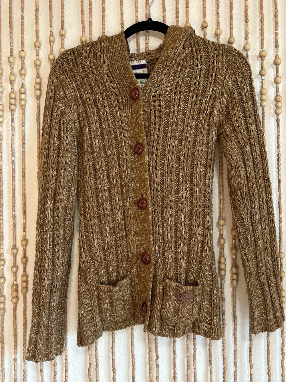 Y2K Roxy Vintage Brown Marled Boho Fisherman Cable Knit Button-Up Hooded Cardi L